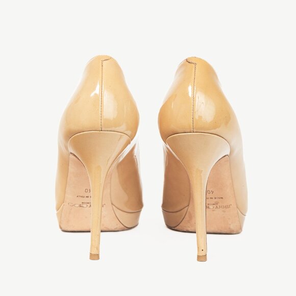 Jimmy Choo Luna Tan Patent-Leather Peep-Toe Platform Pumps - Picture 3 of 9